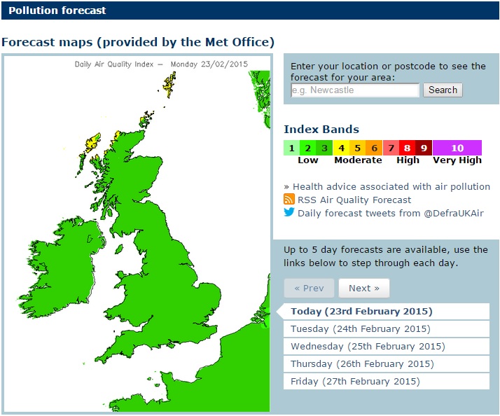 Screenshot of a pollution forecast map, provided by the Met office for Monday 23rd February 2015. Levels across the UK are low to moderate. 